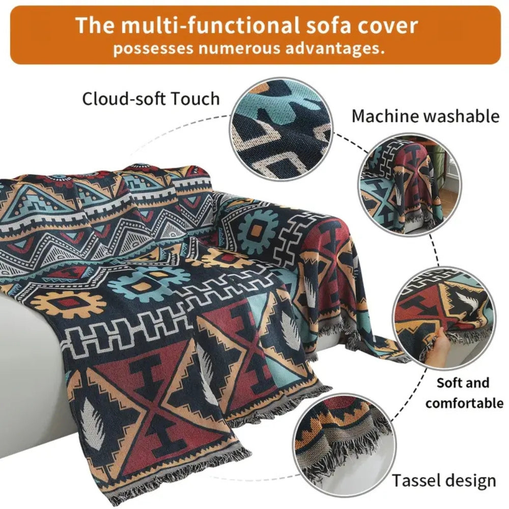 Copridivano boho con motivo geometrico azteco e nappine
