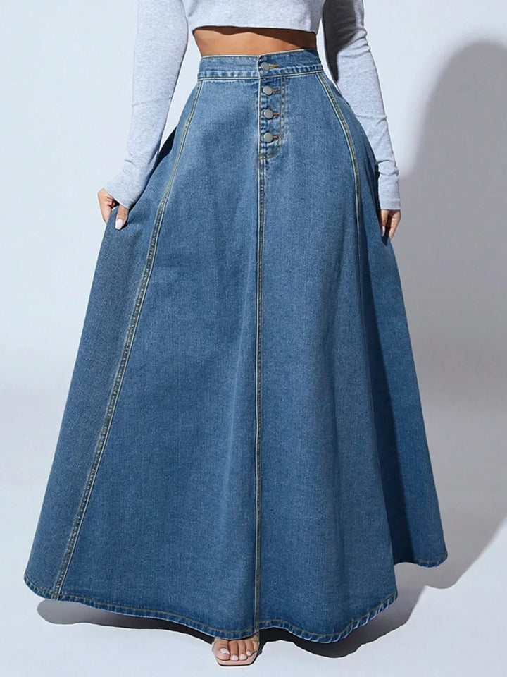 Gonna a trapezio in denim da donna con chiusura a bottoni