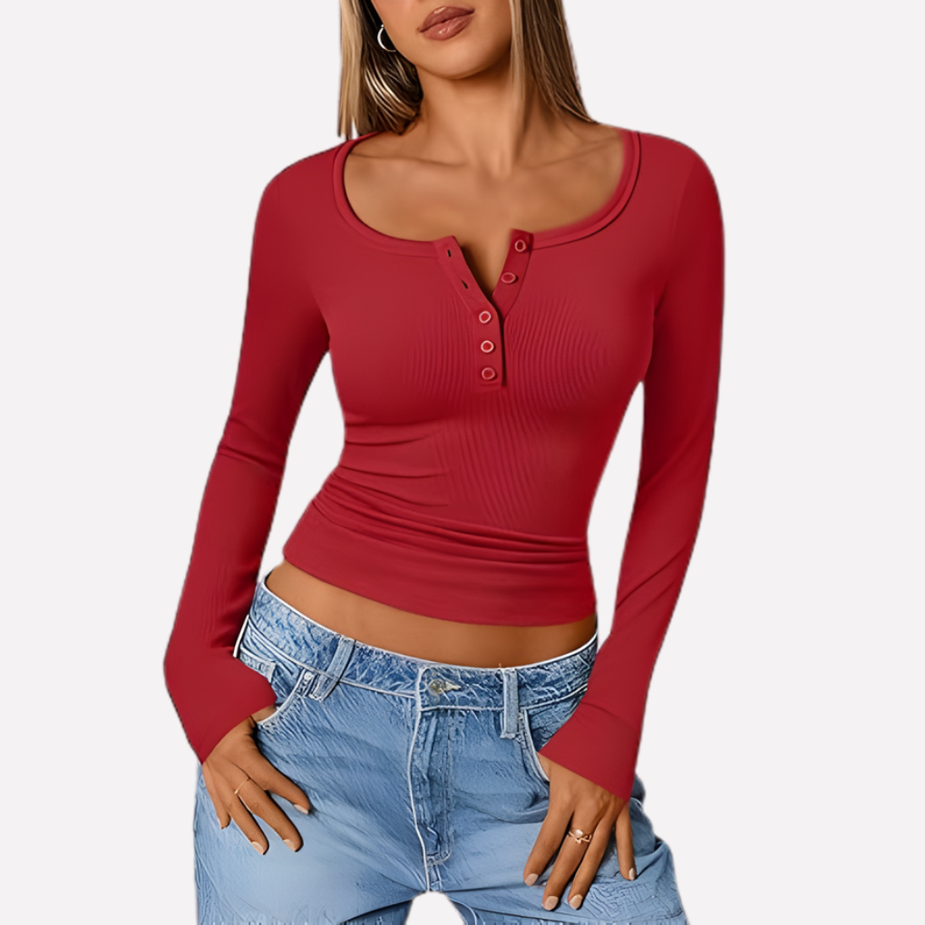 Maglia a costine con scollo serafino e maniche lunghe da donna