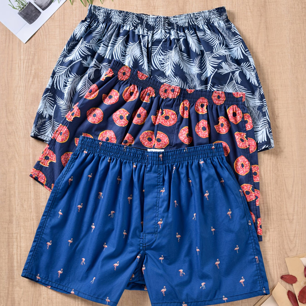 Set di 3 boxer in cotone con stampa a foglie da uomo