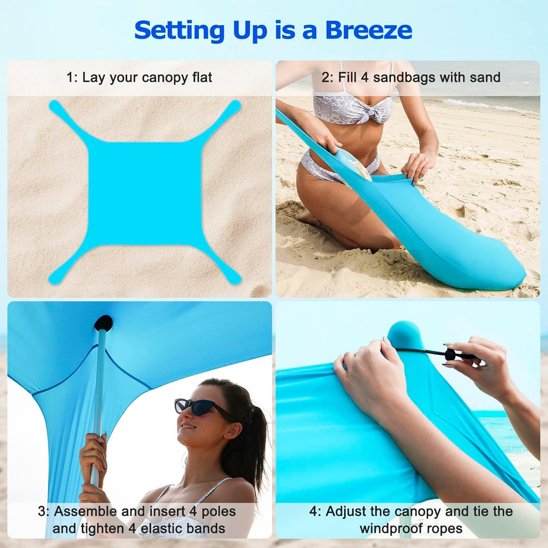 UPF50+ family beach tent with aluminium poles and sand anchors