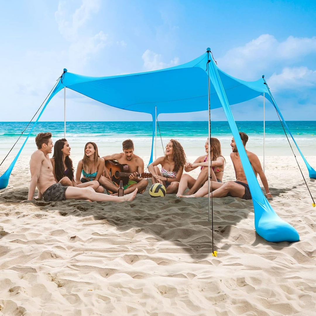 UPF50+ family beach tent with aluminium poles and sand anchors