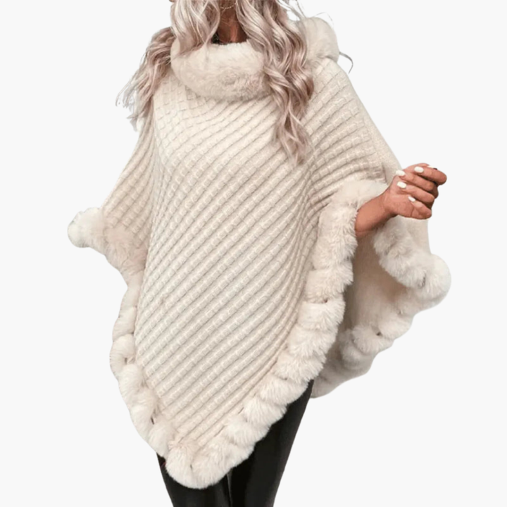 Poncho in Maglia da Donna con Finta Pelliccia e Fit Oversize