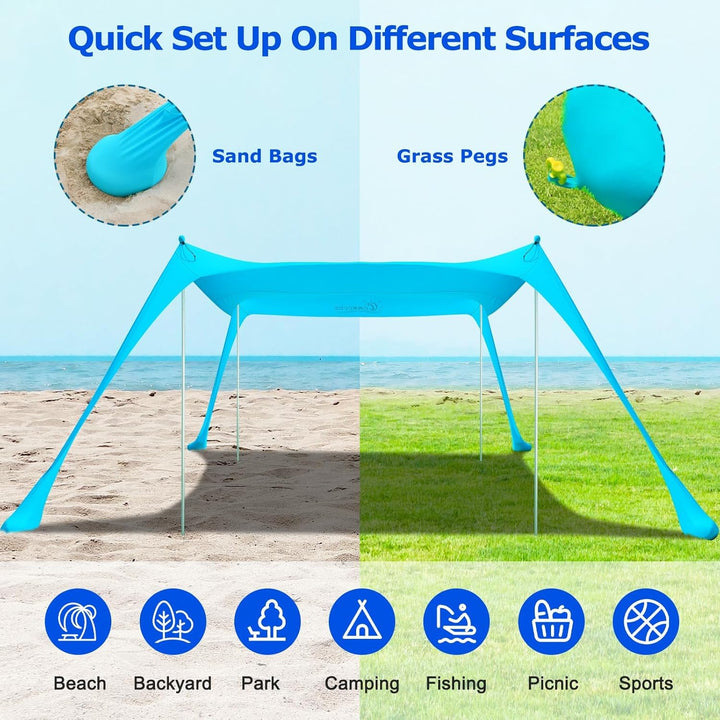 UPF50+ family beach tent with aluminium poles and sand anchors