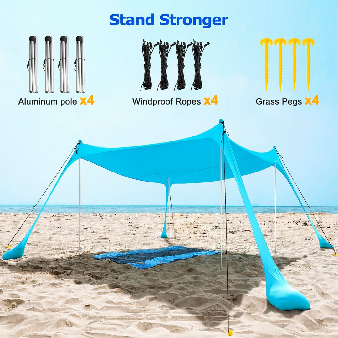UPF50+ family beach tent with aluminium poles and sand anchors