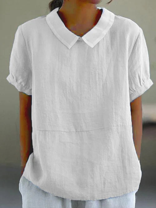 Top in misto cotone e lino tinta unita da donna