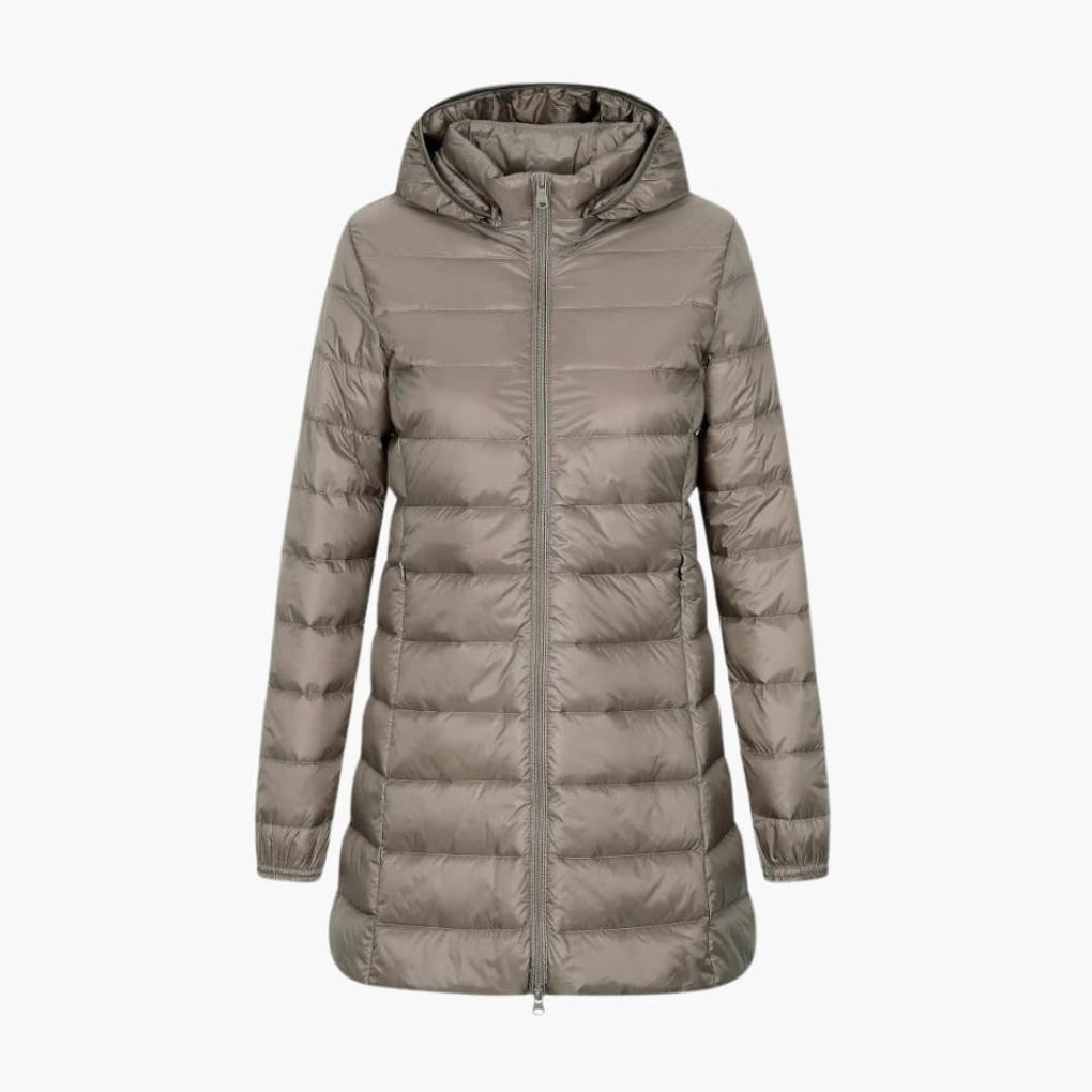 Giacca in Piuma Invernale da Donna con Cappuccio e Taglio Lungo