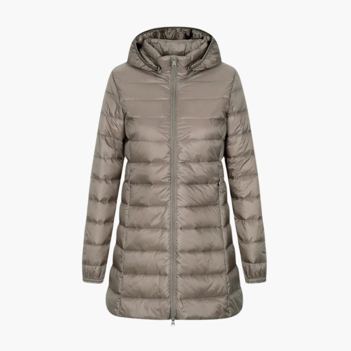 Giacca in Piuma Invernale da Donna con Cappuccio e Taglio Lungo