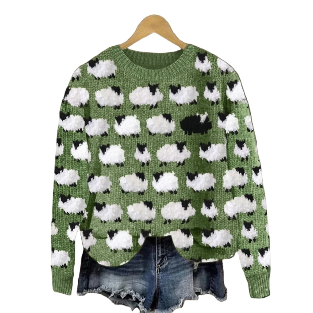 Maglione Tricot da Donna con Motivo Albero e Scollo Tondo