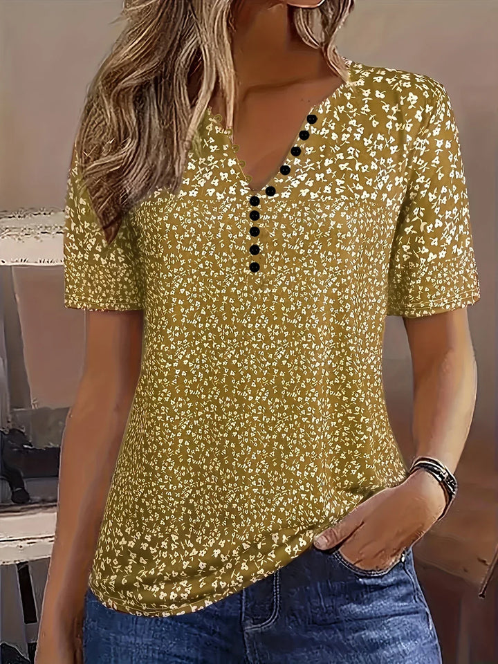Top estivo casual con scollo a V, chiusura con bottoni e maniche corte
