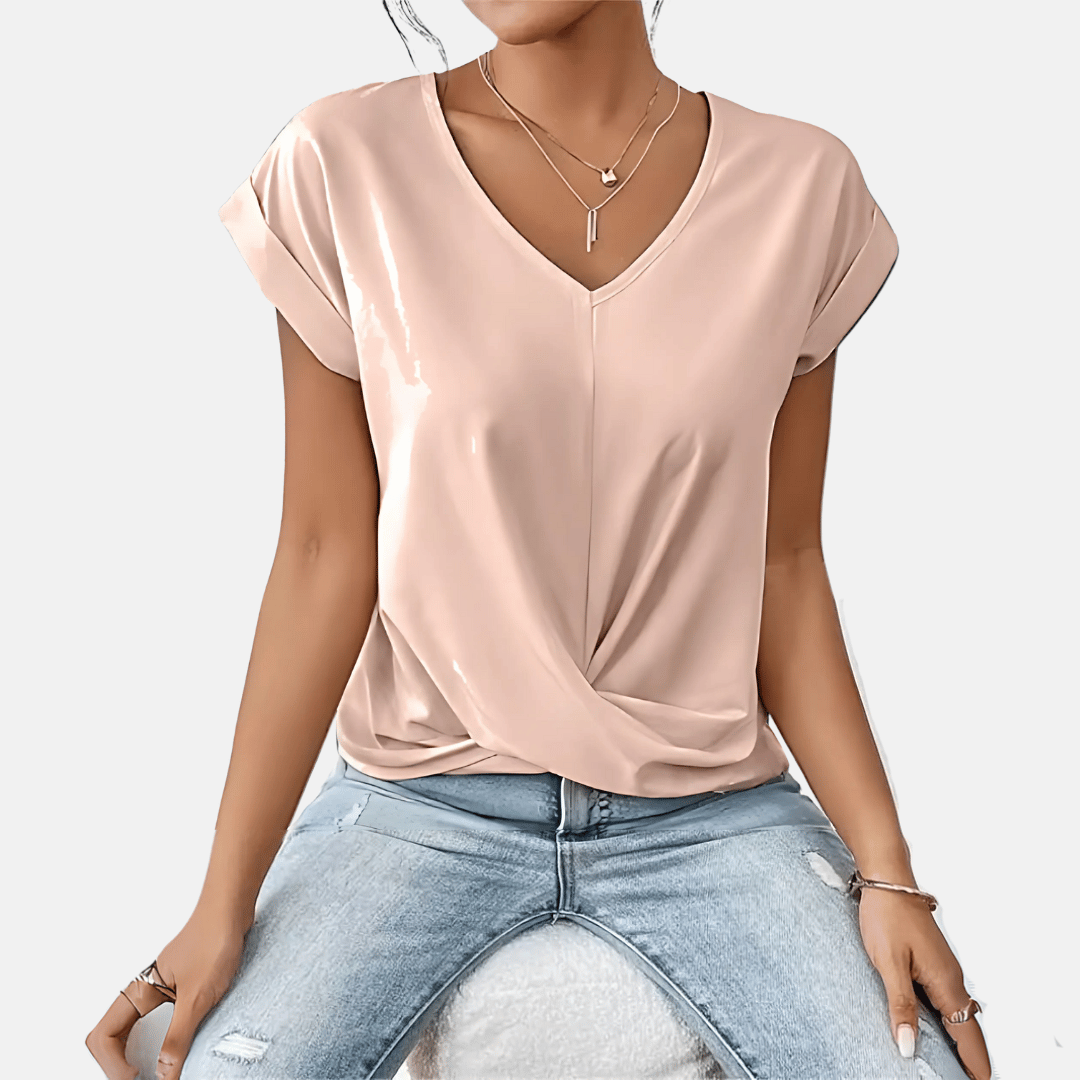 Blusa con scollo a V e orlo drappeggiato da donna