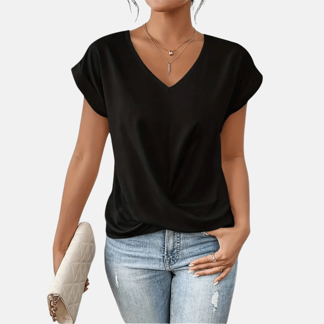 Blusa con scollo a V e orlo drappeggiato da donna
