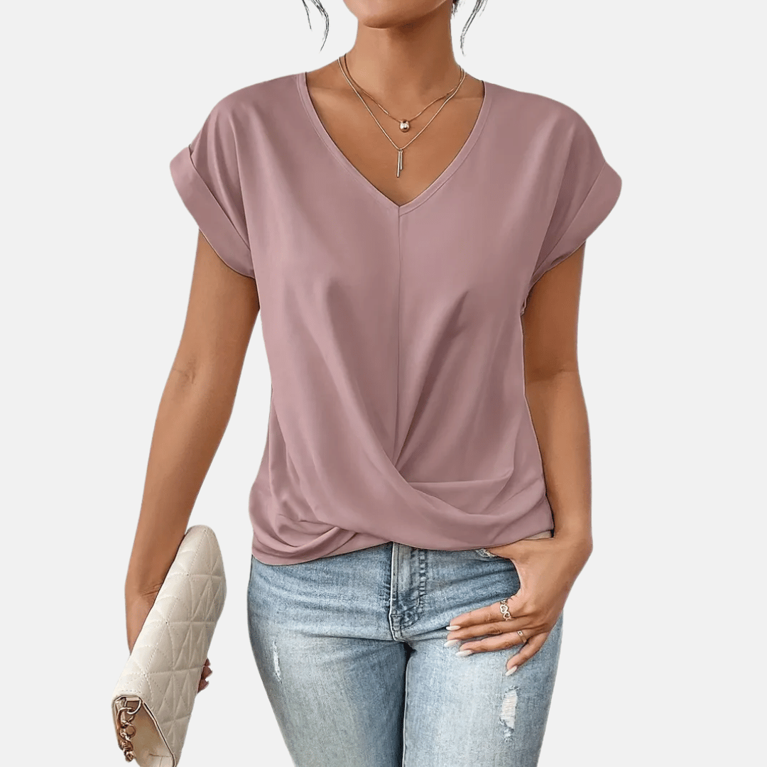 Blusa con scollo a V e orlo drappeggiato da donna