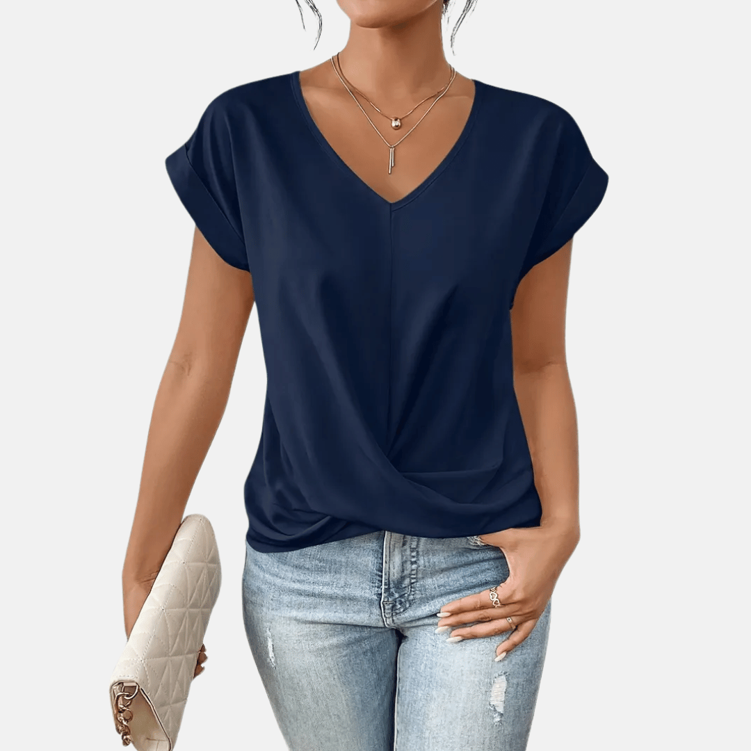 Blusa con scollo a V e orlo drappeggiato da donna