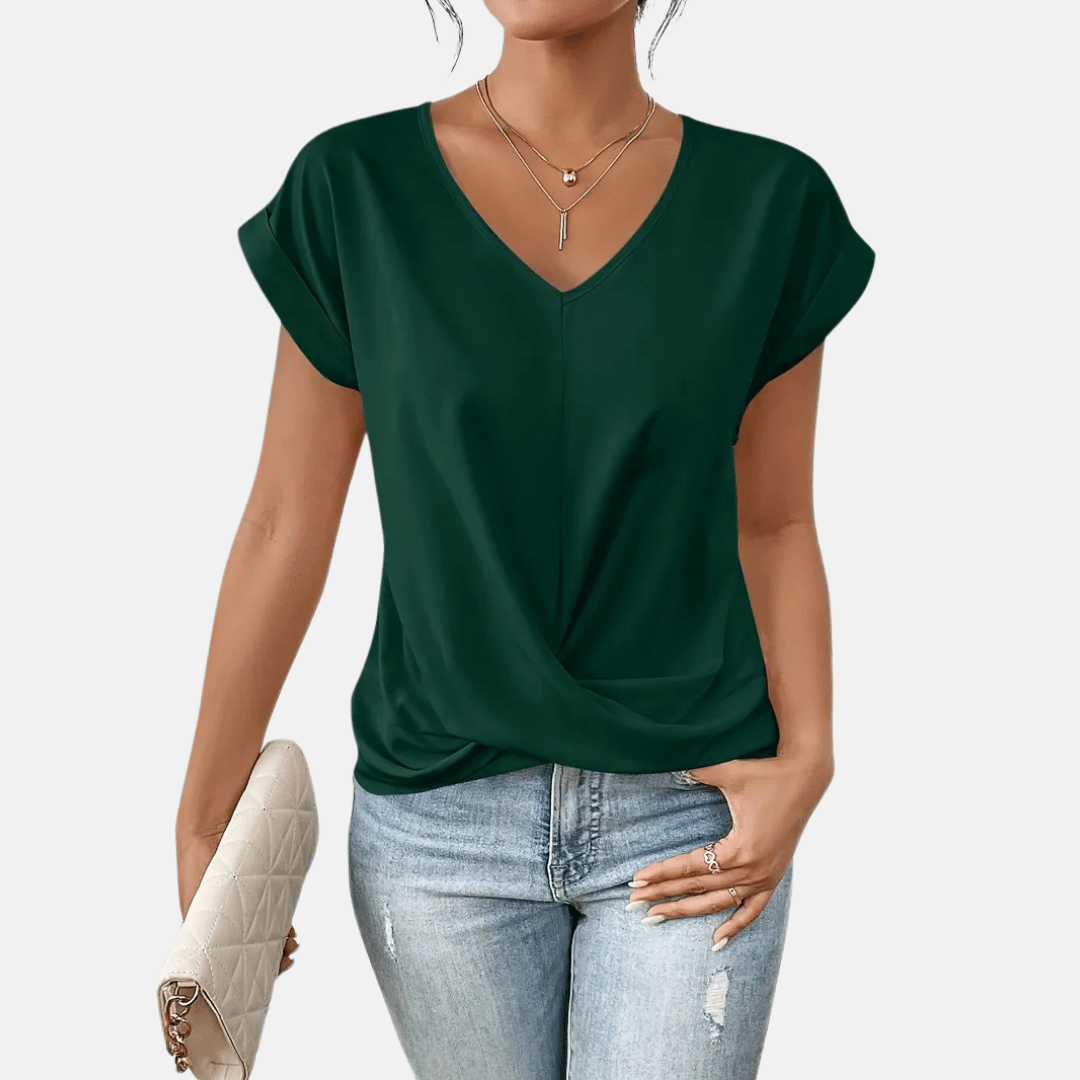 Blusa con scollo a V e orlo drappeggiato da donna