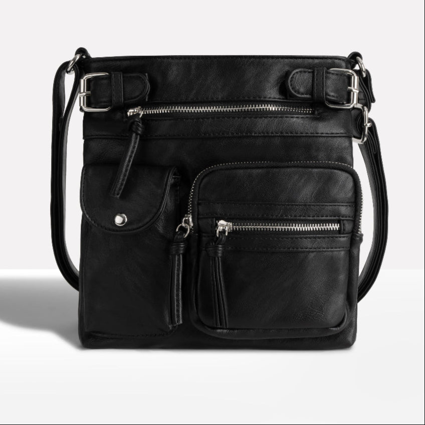 Borsa a spalla in pelle multitasche da donna