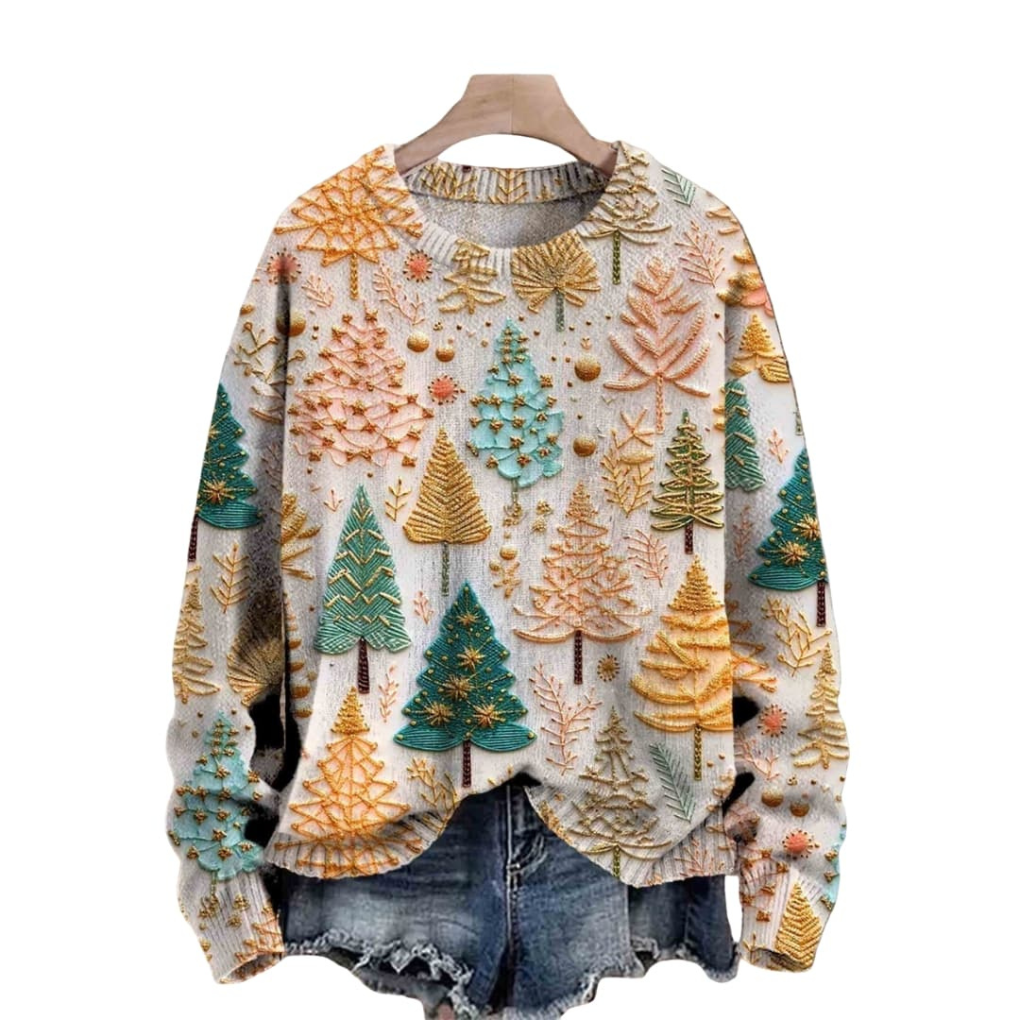 Maglione Tricot da Donna con Motivo Albero e Scollo Tondo