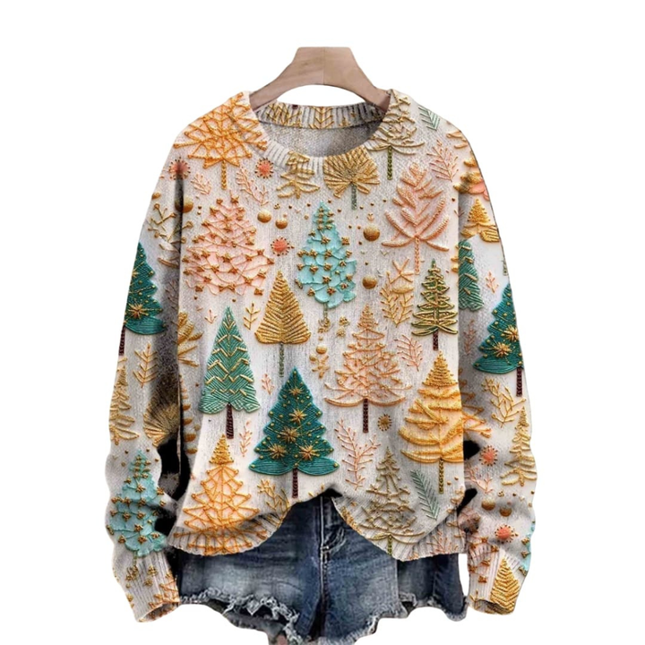 Maglione Tricot da Donna con Motivo Albero e Scollo Tondo