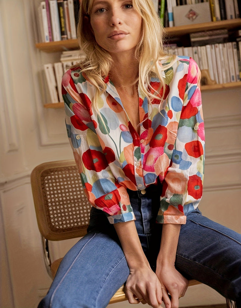 Camicia Bottoni Stampa Floreale Cartoon