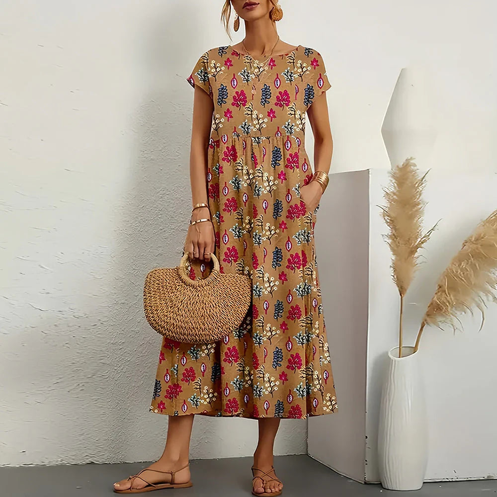Abito midi casual in misto cotone e lino da donna