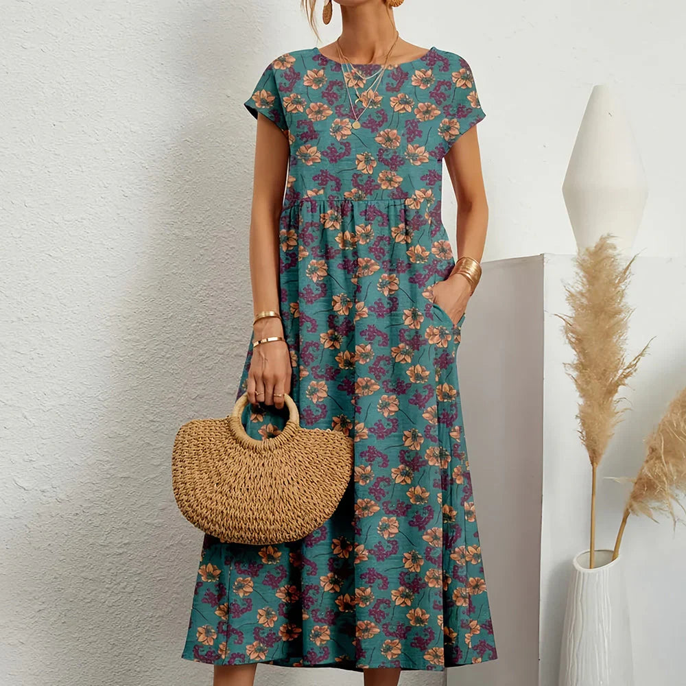 Abito midi casual in misto cotone e lino da donna