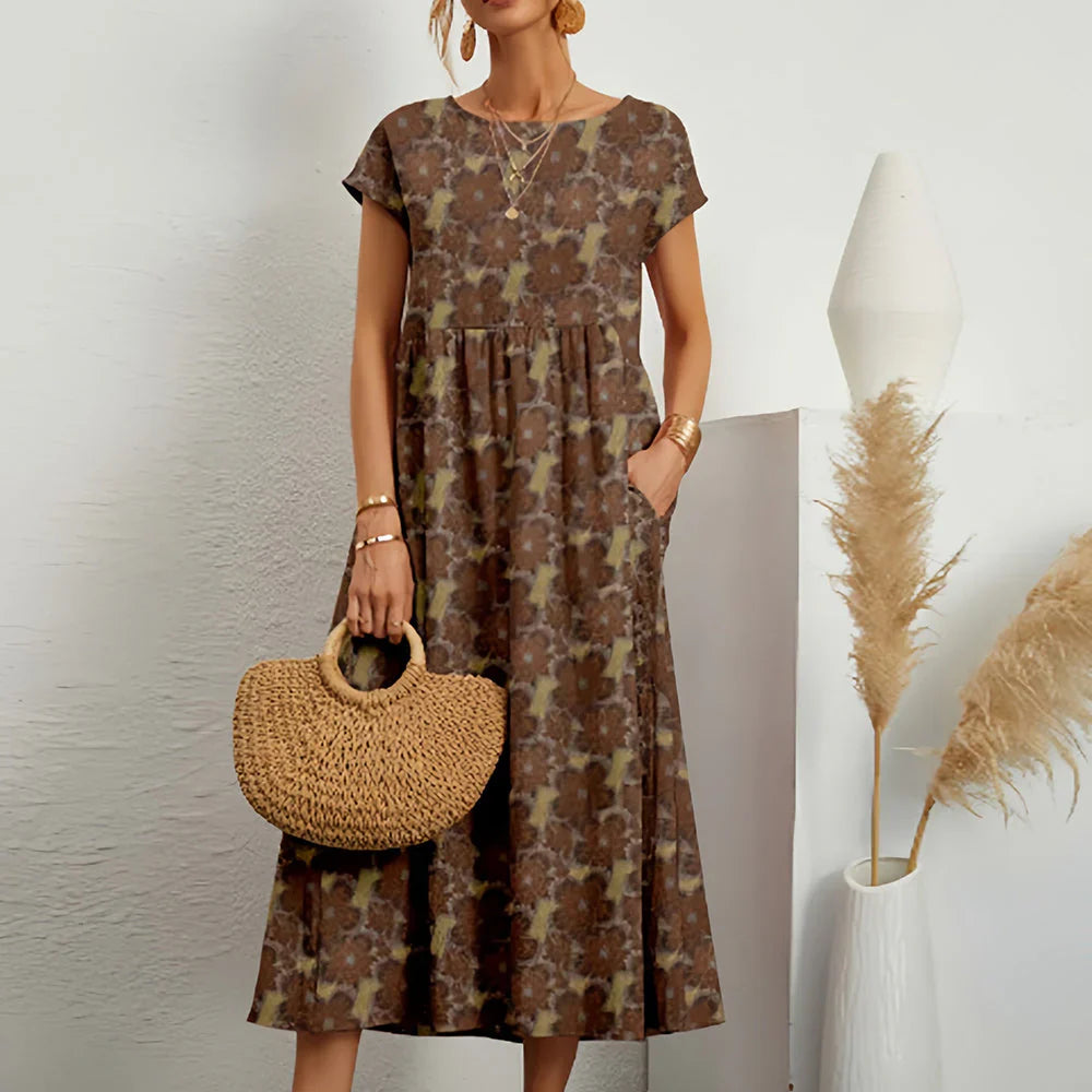 Abito midi casual in misto cotone e lino da donna