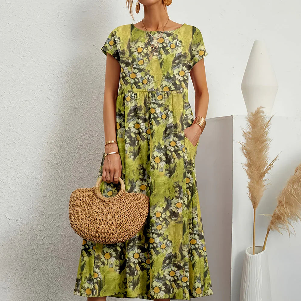 Abito midi casual in misto cotone e lino da donna