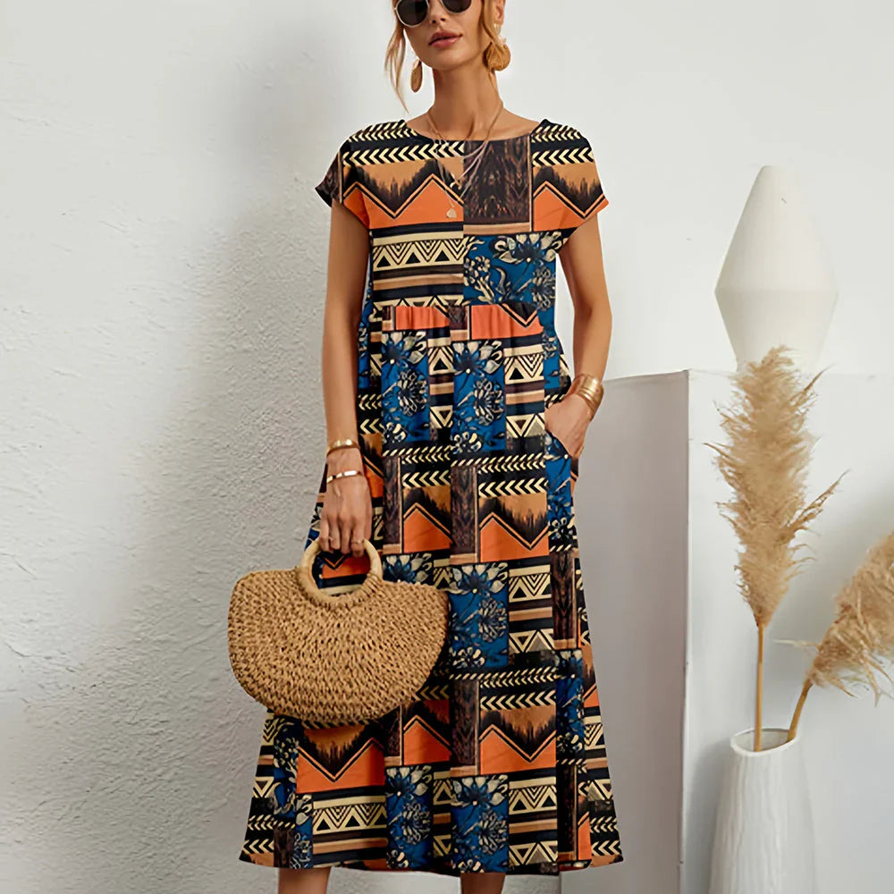 Abito midi casual in misto cotone e lino da donna