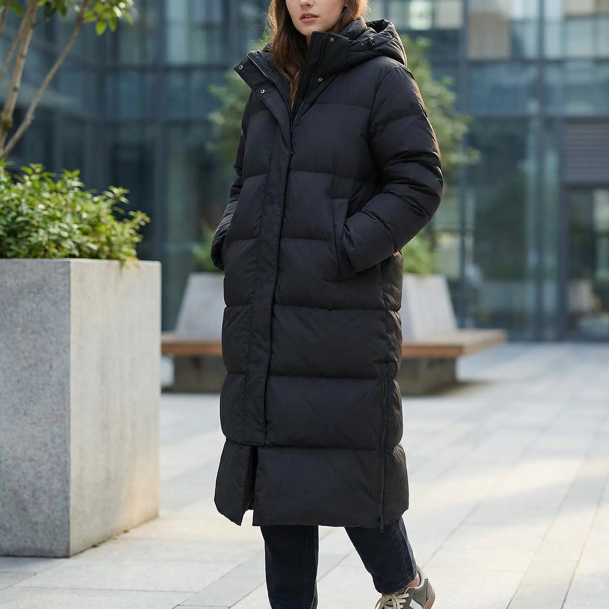Parka Puffer Con Cappuccio Lungo Per Donne