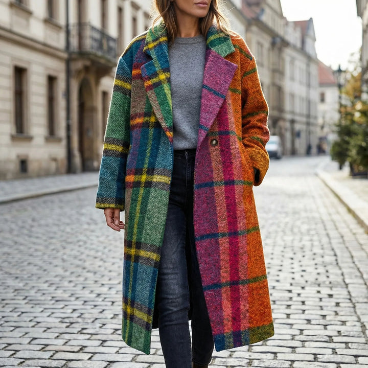 Autvella - Cappotto lungo a quadri con blocchi di colore