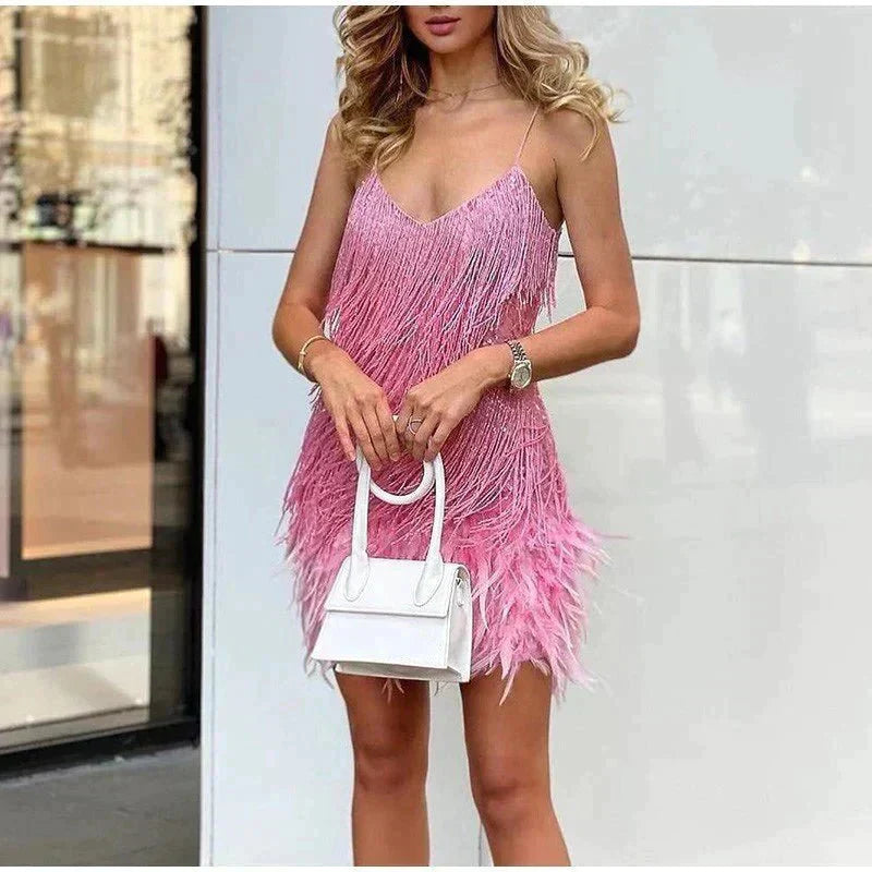 Miniabito con piume senza maniche da donna