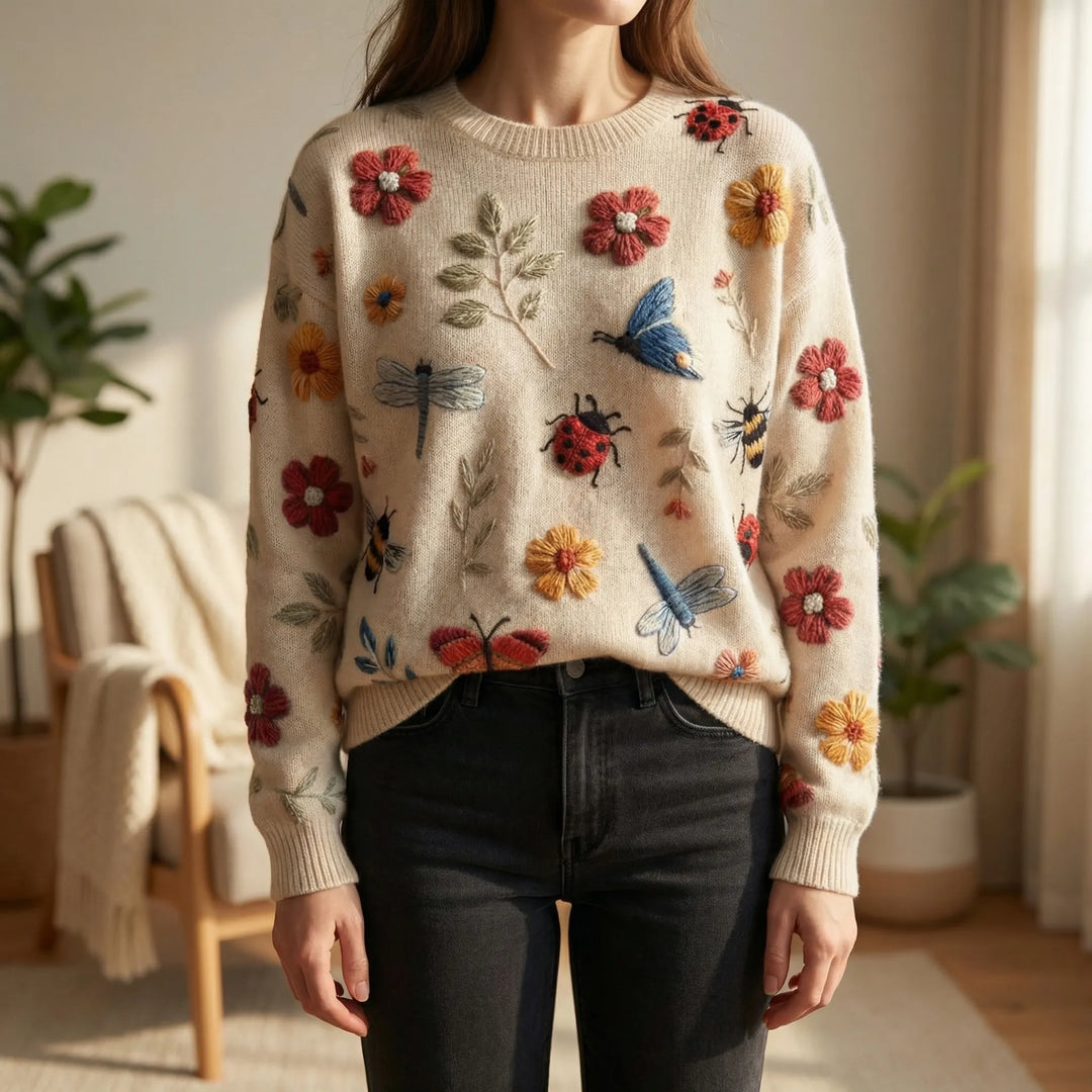 Bloomknit - Maglione ampio con ricamo floreale 3D