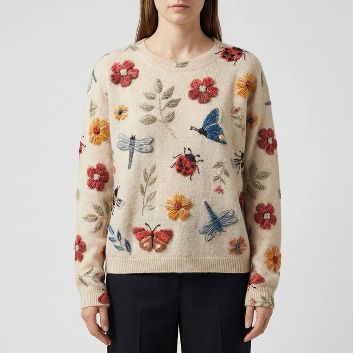 Bloomknit - Maglione ampio con ricamo floreale 3D
