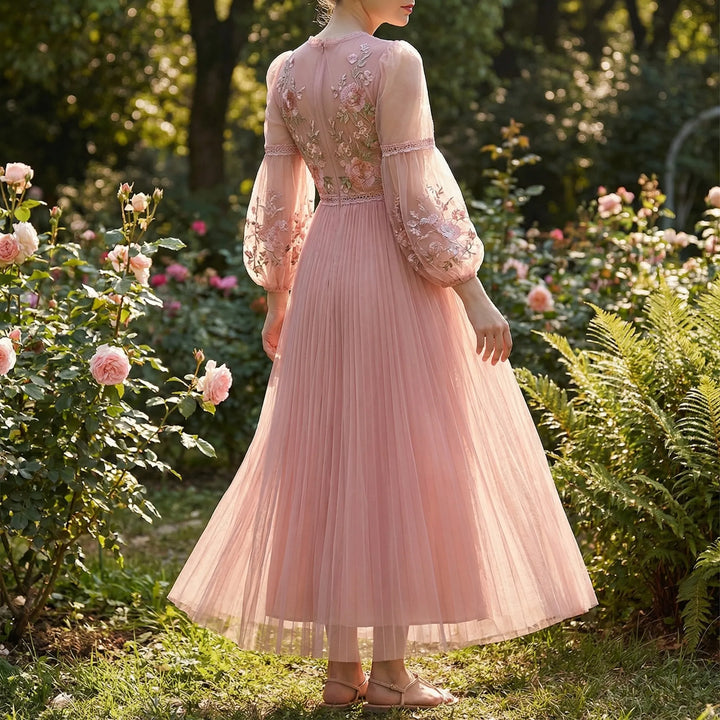 Blossamé - Abito midi in rete con applicazioni floreali