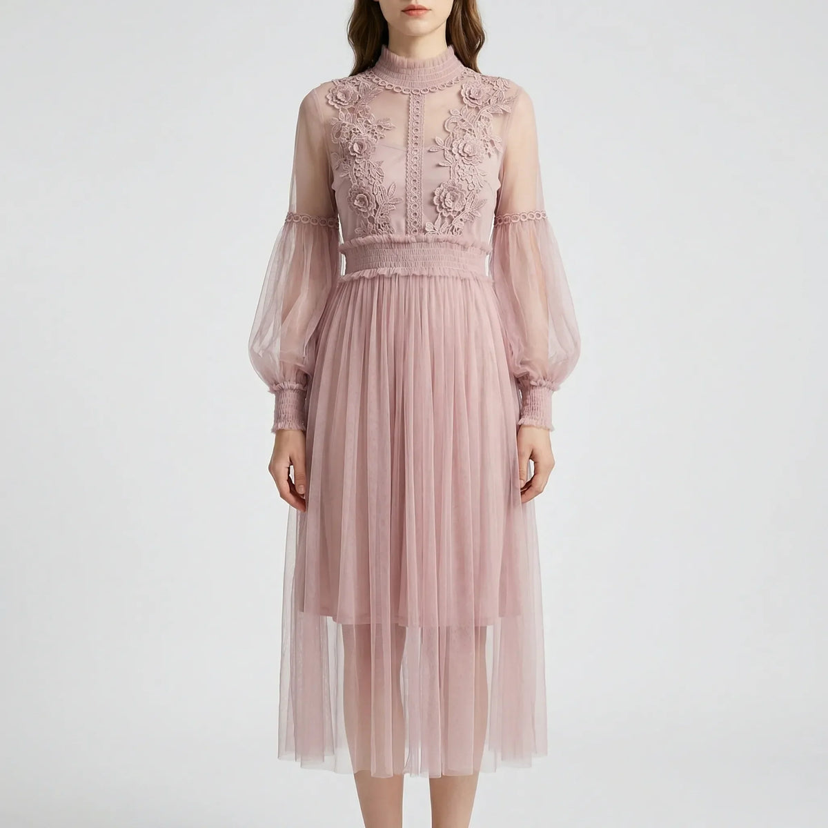 Abito Midi in Mesh con Applique Floreali
