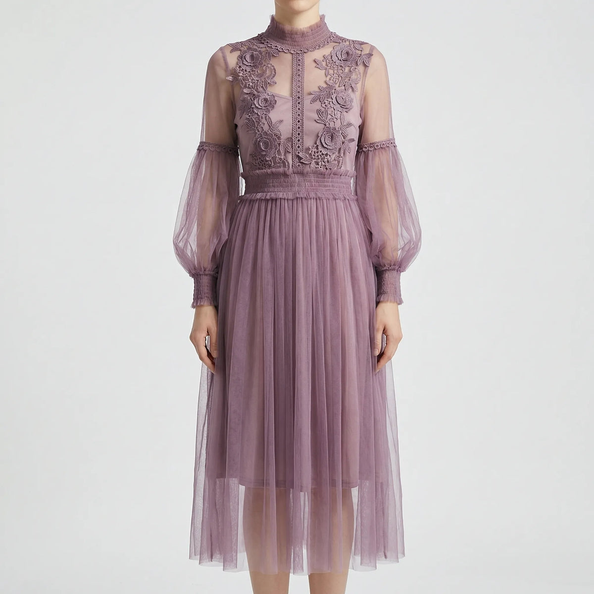 Abito Midi in Mesh con Applique Floreali
