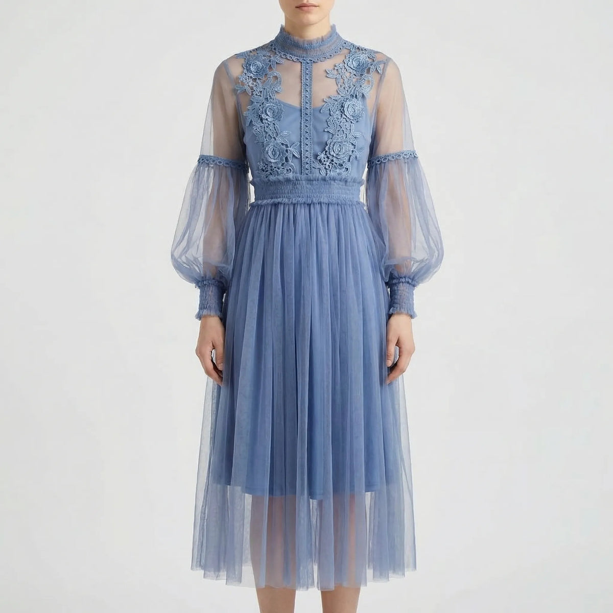 Abito Midi in Mesh con Applique Floreali