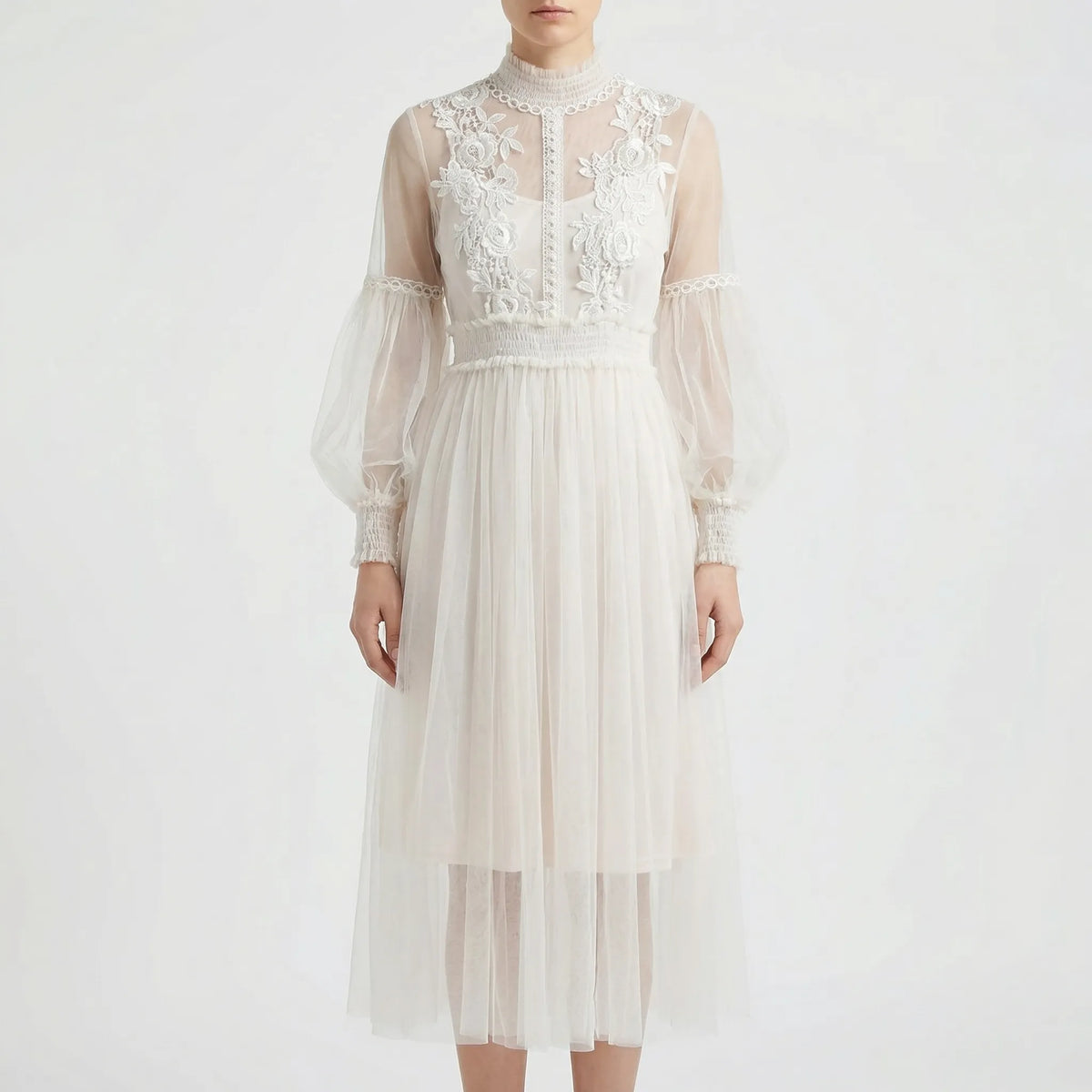 Abito Midi in Mesh con Applique Floreali