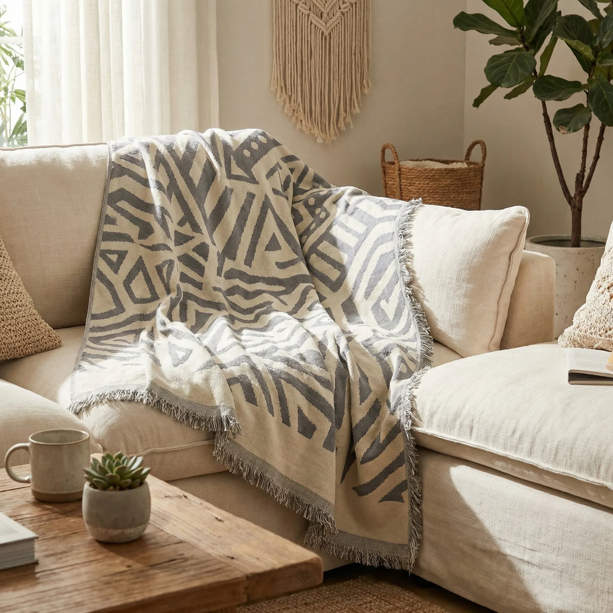 Coperta Sofa Bohemien con Motivo Geometrico