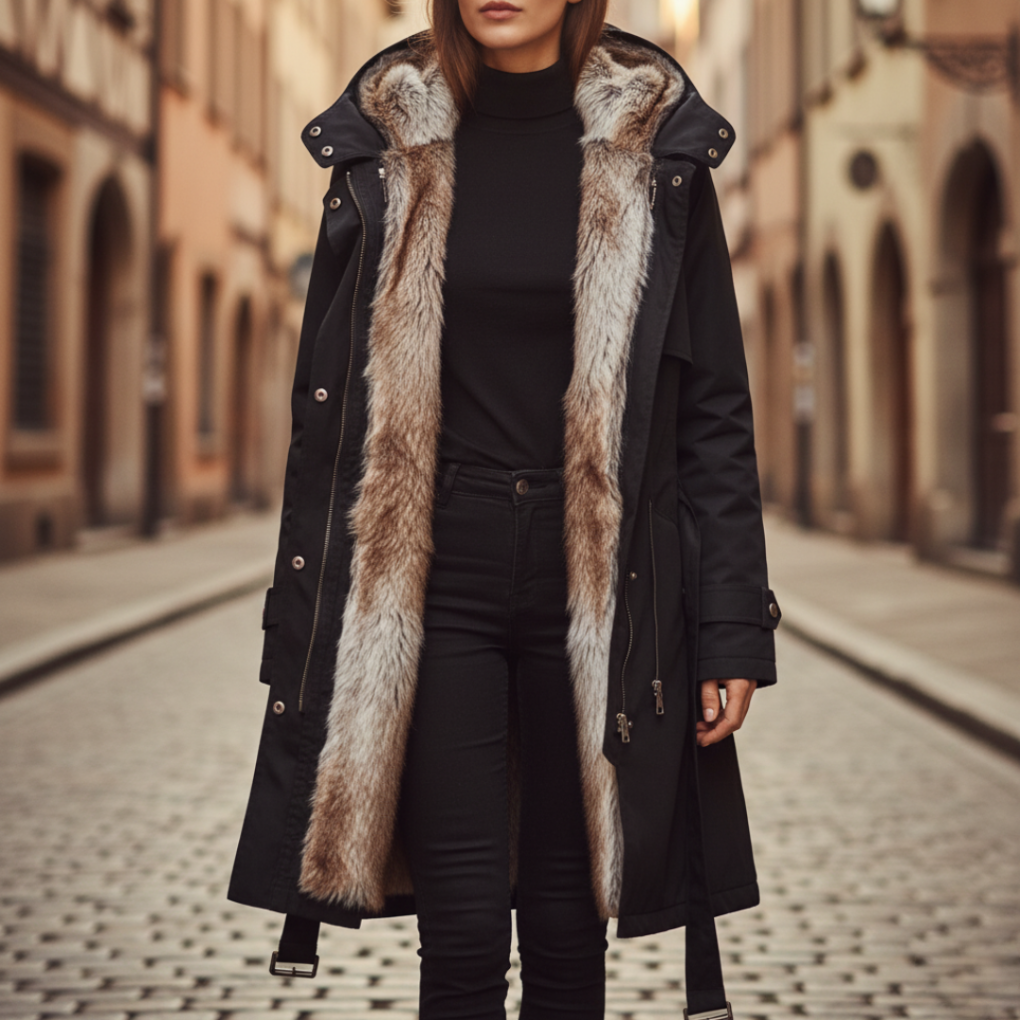 Parka invernale imbottito con cappuccio e coulisse in vita da donna