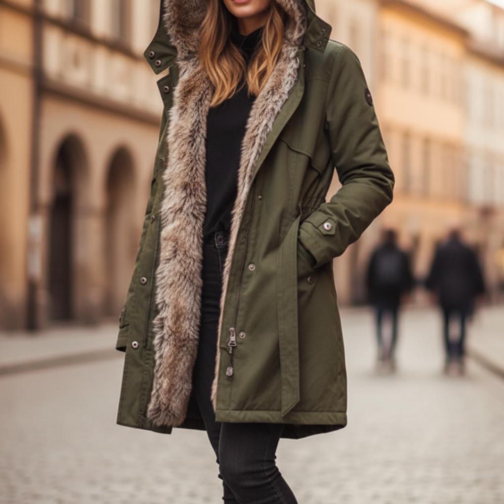 Parka invernale imbottito con cappuccio e coulisse in vita da donna