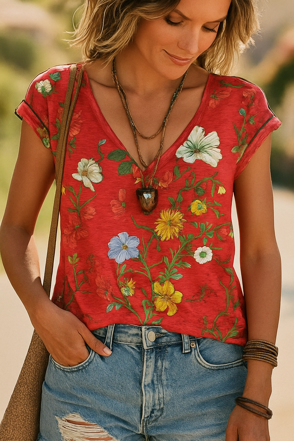 T-shirt rossa a fiori con scollo a V da donna