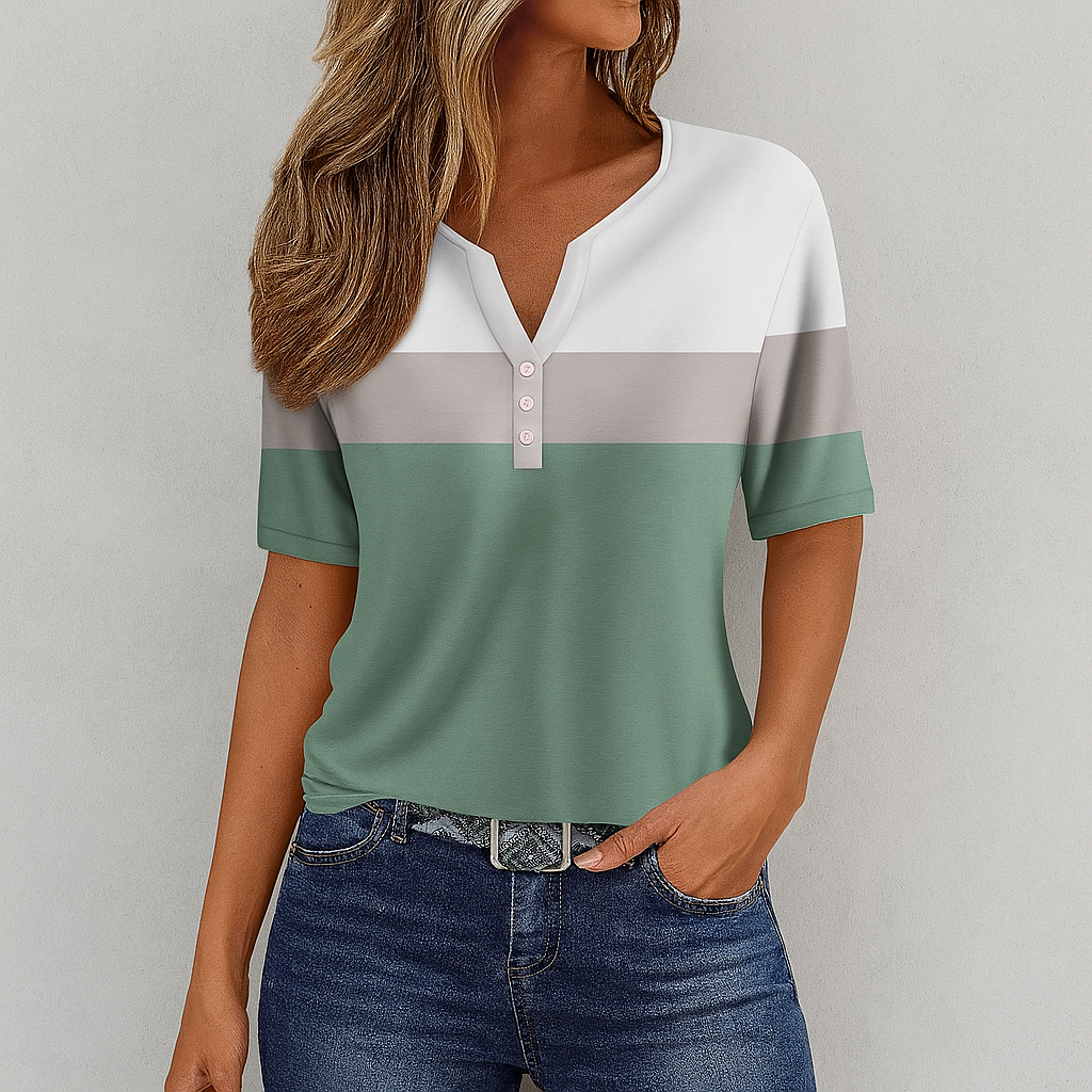 T-shirt a righe con scollo a V e bottoni da donna