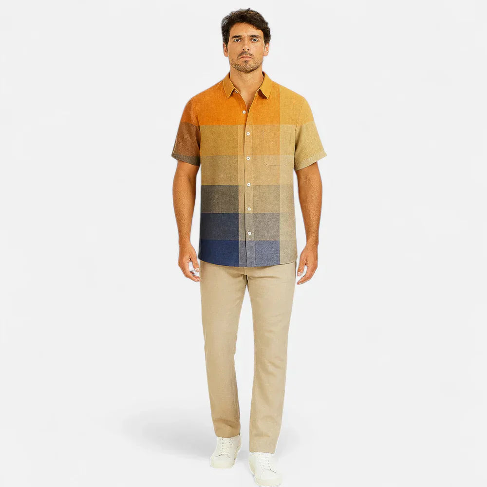 Camicia a Maniche Corte con Stampa Artistica in Lino Premium per Uomini