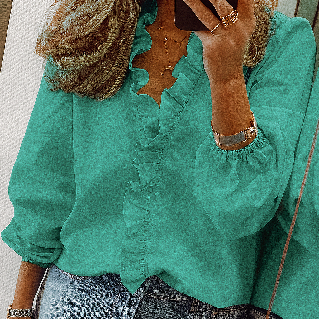 Blusa Teal con Ruffle e Mani a Puff