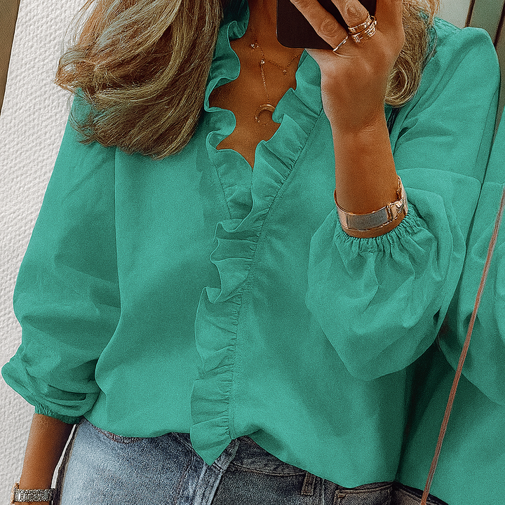 Blusa Teal con Ruffle e Mani a Puff