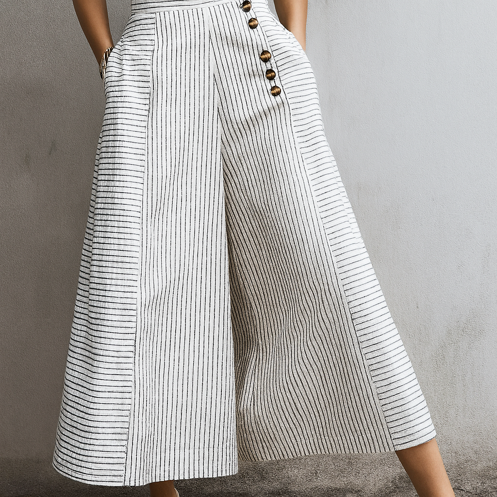 Pantaloni a Zampe Larghe Leggeri a Righe Alta Vita per Donne
