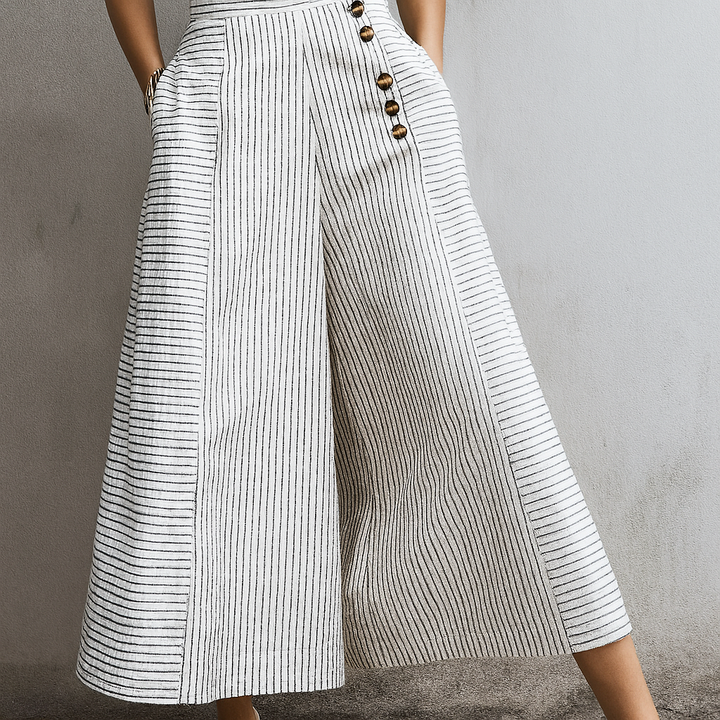 Pantaloni a Zampe Larghe Leggeri a Righe Alta Vita per Donne