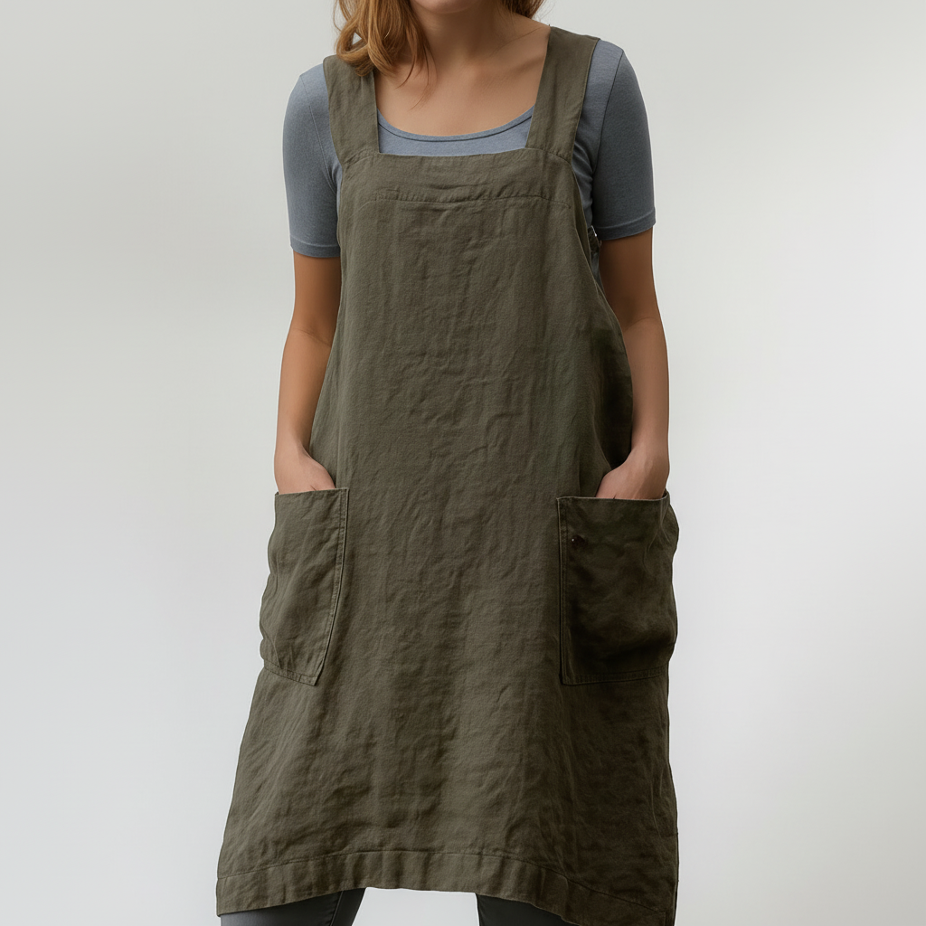 Abito Stile Grembiule in Cotone e Lino con Tasche per Donne