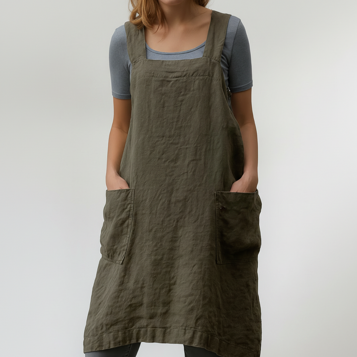 Abito Stile Grembiule in Cotone e Lino con Tasche per Donne